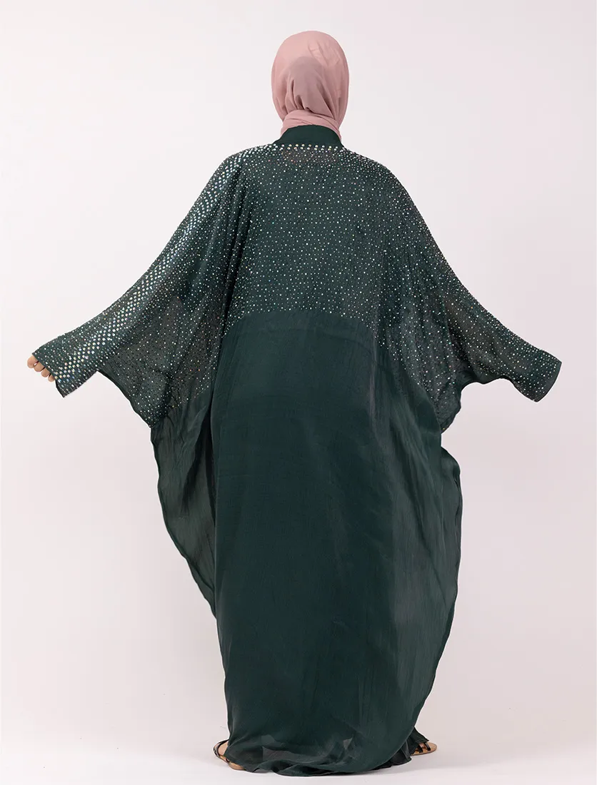 Green Sparkle Crystal Embellished Sheer Overlay Abaya